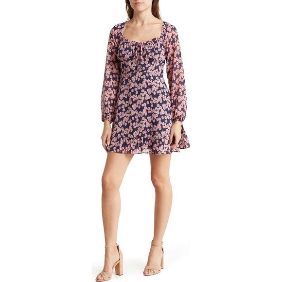 Lush NWT Floral Print Tie Front Long Sleeve Mini Dress Size S Navy Blue Pink - Picture 2 of 12